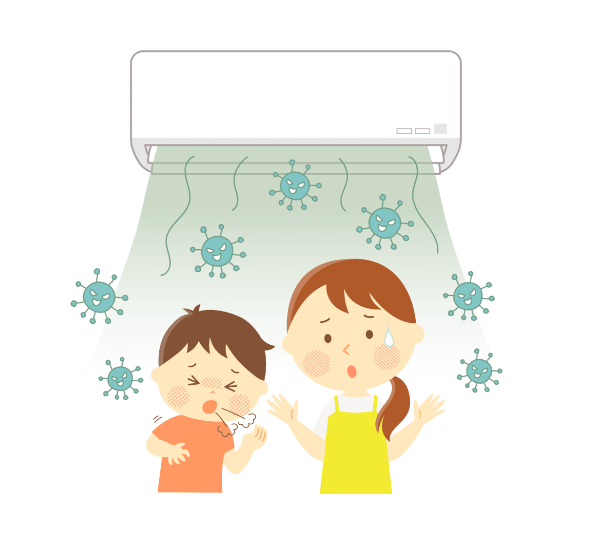 エアコンから綺麗でない空気が出てきて困っている表情の親子